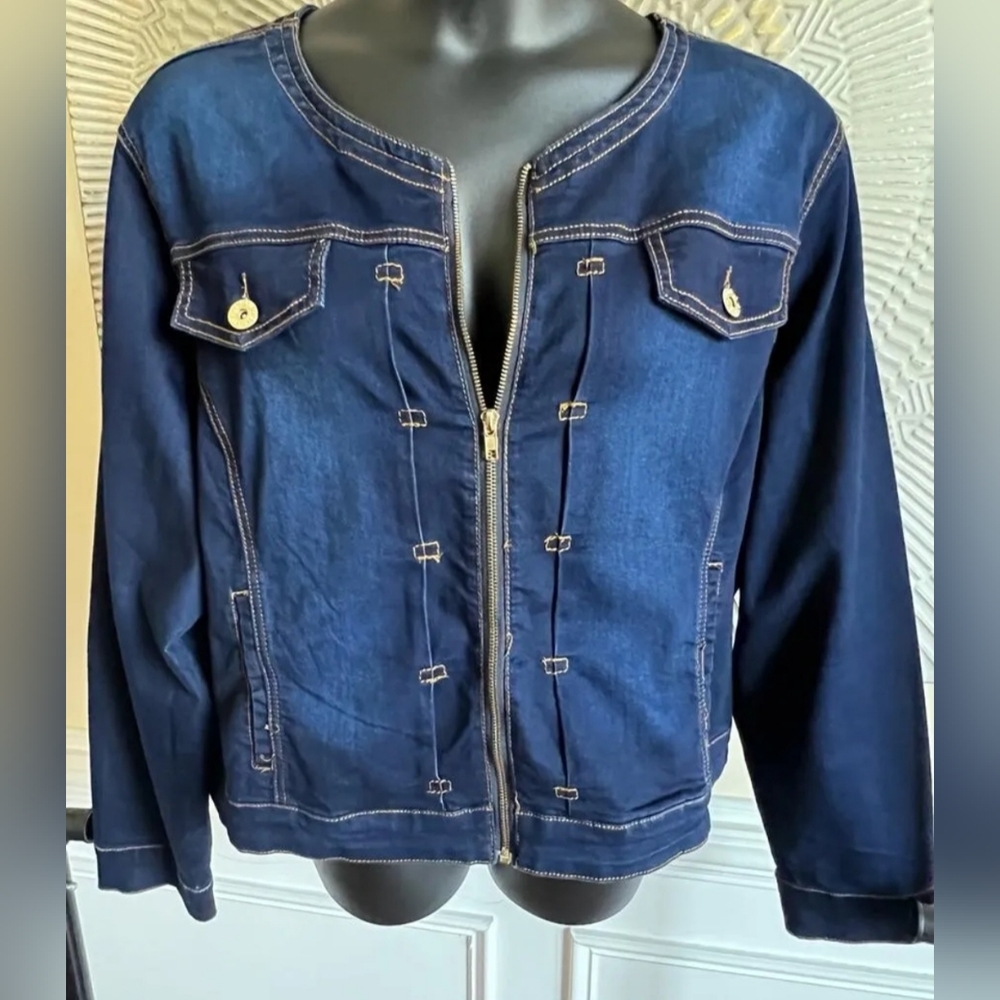 Ashley Stewart Denim Collarless Jean Jacket Sz 26